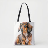 SCHATTIGE ZWARTE & BRUINE TECKEL PUPPY HOND TOTE BAG (Voorkant)