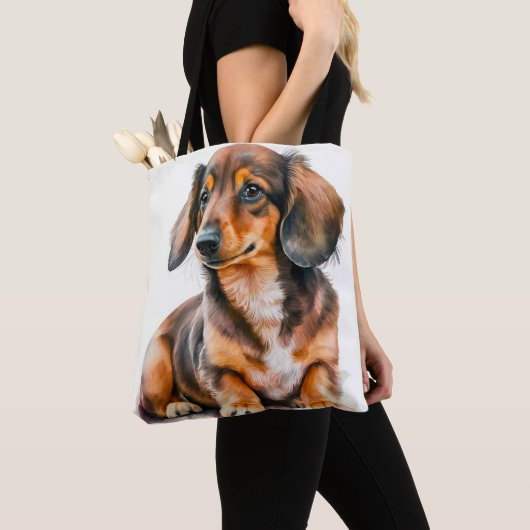 SCHATTIGE ZWARTE & BRUINE TECKEL PUPPY HOND TOTE BAG (Dichtbij)