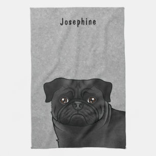 Schattige Zwarte Cartoon Pugs Kop Close-Up En Naam Theedoek