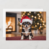 Schattige zwarte Chihuahua met kerstmuts Feestdagenkaart (Voorkant / Achterkant)