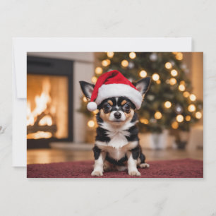 Schattige zwarte Chihuahua met kerstmuts Feestdagenkaart