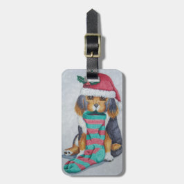 schattige zwarte en bruine pupil gekleed voor kers bagagelabel