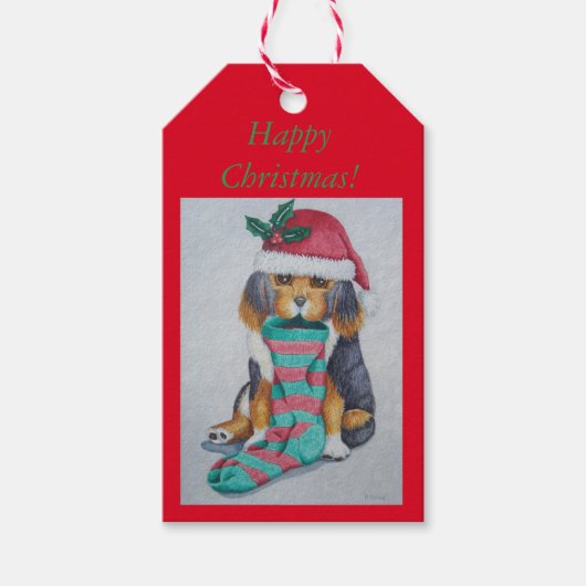 schattige zwarte en bruine puppy met kerstmis cadeaulabel (Voorkant)