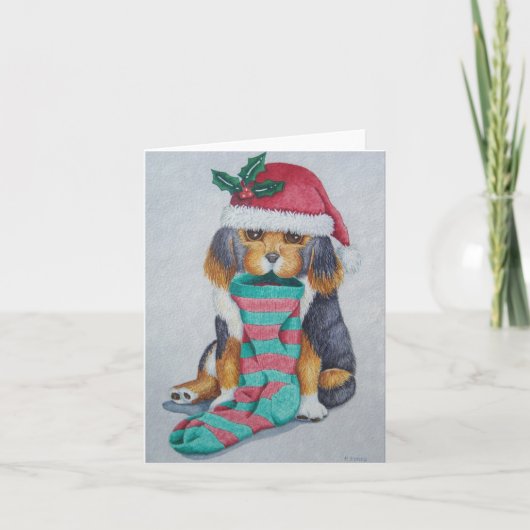 schattige zwarte en bruine puppy met kerstmis feestdagen kaart (Voorkant)