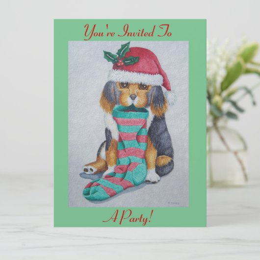 schattige zwarte en bruine puppy met kerstmis kaart (Staand voorkant)