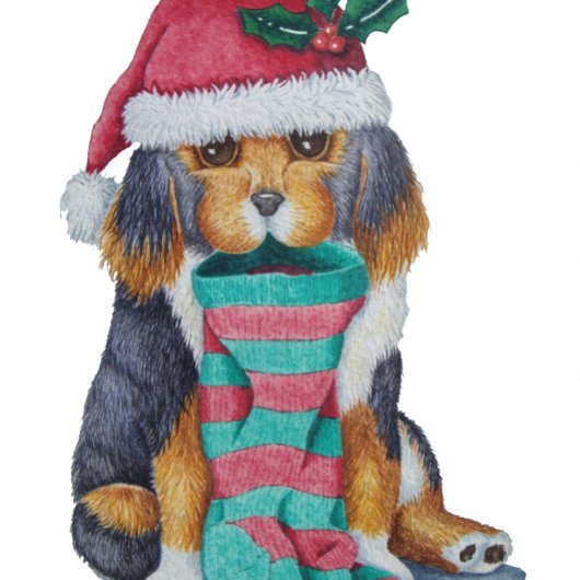 schattige zwarte en bruine puppy met kerstmis kleine kerstsok