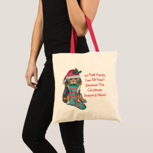 schattige zwarte en bruine puppy met kerstmis tote bag