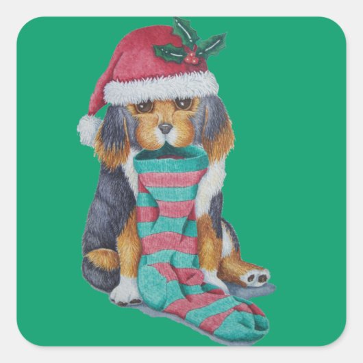schattige zwarte en bruine puppy met kerstmis vierkante sticker (Voorkant)