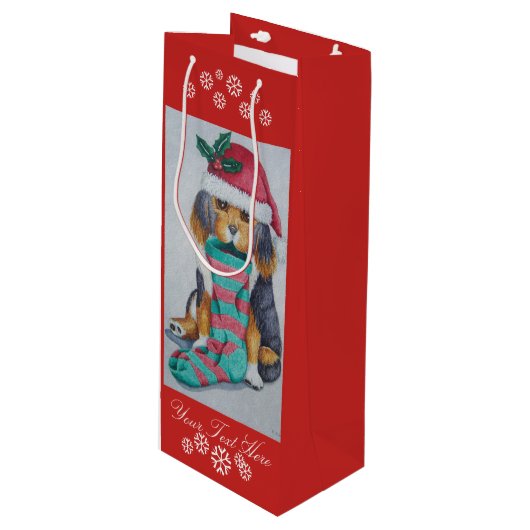 schattige zwarte en bruine puppy met kerstmis wijn cadeautas (Voorkant Gekanteld)