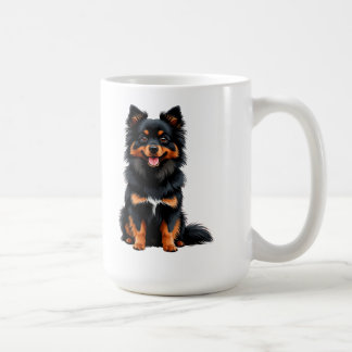 Schattige zwarte en lichtbruine Pomeranian pup Koffiemok
