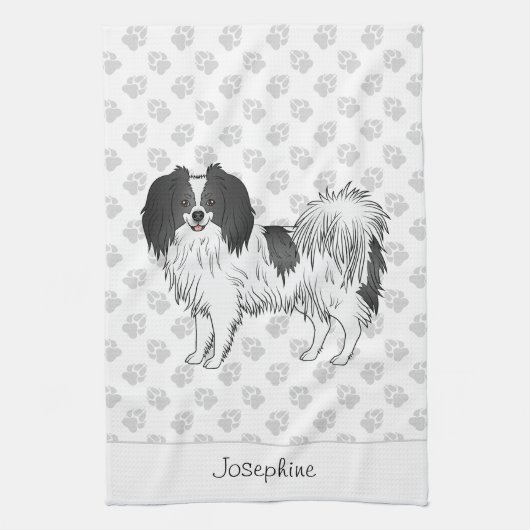 Schattige zwarte en witte Phalène-hond met eigen n Theedoek (Verticaal)