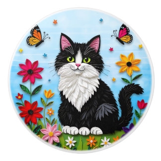 Schattige Zwarte en Witte Volkskunst Kat en Bloeme Keramische Knop