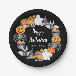 Schattige Zwarte Gelukkige Halloween Illustratie F Papieren Bordje