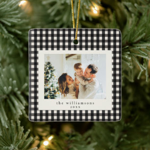 Schattige Zwarte Gingham Schotse Ruit Custom Foto Keramisch Ornament