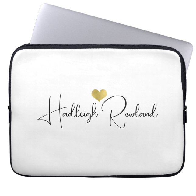 Schattige Zwarte Gouden Monogram Script Naam Stijl Laptop Sleeve (Voorkant)