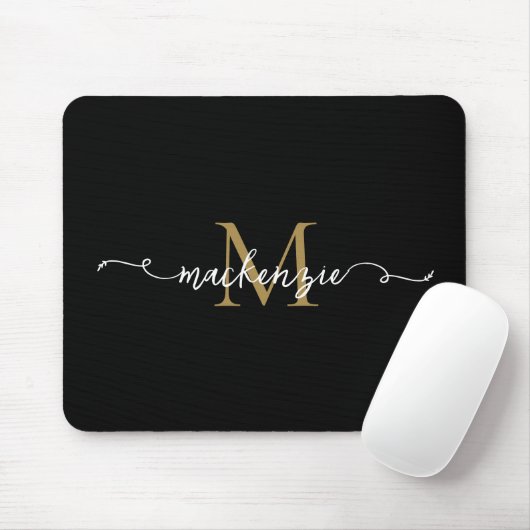 Schattige Zwarte Gouden Script Typografie Monogram Muismat (Met muis)