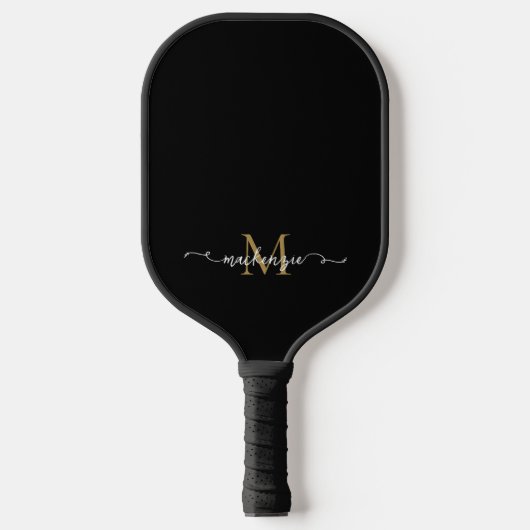 Schattige Zwarte Gouden Script Typografie Monogram Pickleball Paddle (Voorkant)