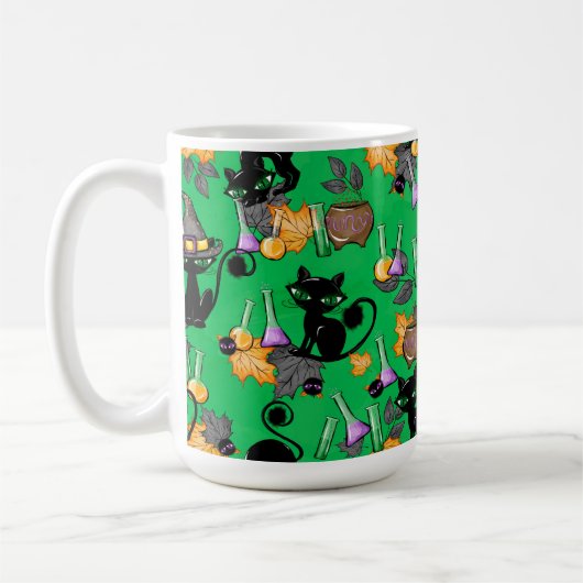 SCHATTIGE ZWARTE HALLOWEEN KITTEN MET GROENE OGEN KOFFIEMOK (Links)