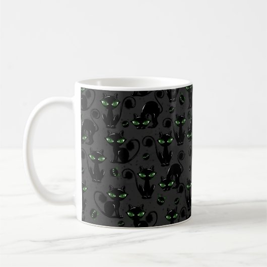 SCHATTIGE ZWARTE HALLOWEEN KITTEN MET GROENE OGEN KOFFIEMOK (Links)