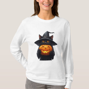 Schattige Zwarte Heks Kat met Gloeiende Pompoen 🎃 T-shirt