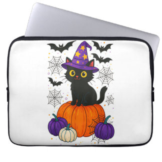Schattige Zwarte Heks Kat Pompoen Halloween Kostuu Laptop Sleeve