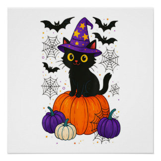 Schattige Zwarte Heks Kat Pompoen Halloween Kostuu Perfect Poster