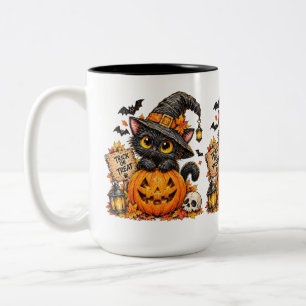 Schattige Zwarte Heksenkat op Pompoen Halloween Sn Tweekleurige Koffiemok