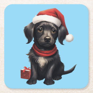 Schattige zwarte hond met Kerstmis Kartonnen Onderzetters