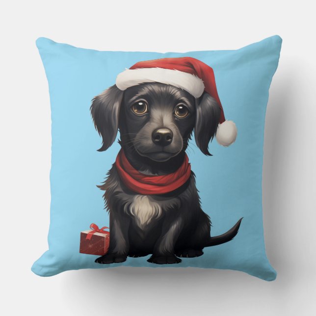 Schattige zwarte hond met Kerstmis Kussen (Voorkant)