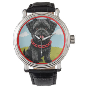 Schattige zwarte hond met rode halsband in cartoon horloge