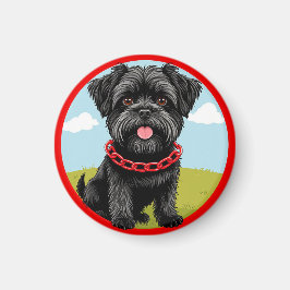 Schattige zwarte hond met rode halsband in cartoon magneet