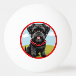 Schattige zwarte hond met rode halsband in cartoon pingpongbal