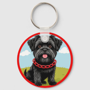 Schattige zwarte hond met rode halsband in cartoon sleutelhanger