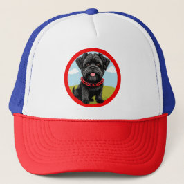 Schattige zwarte hond met rode halsband in cartoon trucker pet