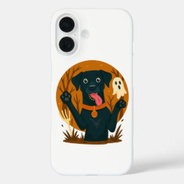 Schattige zwarte hond met spook iPhone 16 hoesje