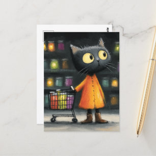 Schattige zwarte kat boodschappen doen briefkaart