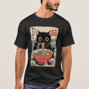 Schattige zwarte kat die noedels eet in Japans kom T-shirt