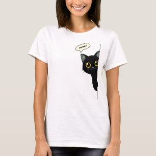 Schattige Zwarte Kat die Rond de Hoek Kijkt   Grap T-shirt