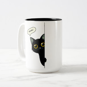 Schattige Zwarte Kat die Rond de Hoek Kijkt Grap Tweekleurige Koffiemok