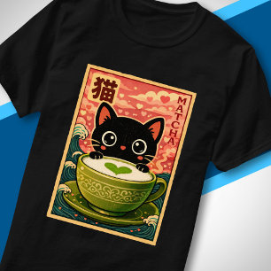 Schattige Zwarte Kat Drinkt Matcha Kawaii Japanse  T-shirt