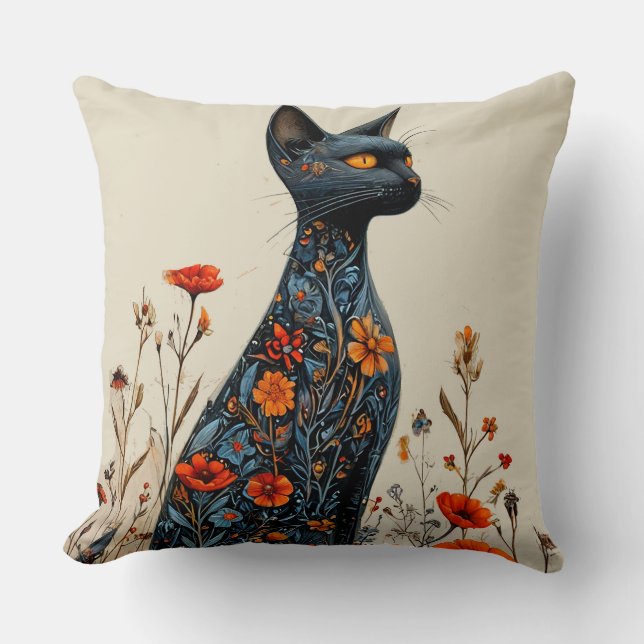 Schattige zwarte kat en bloemen kussen (Voorkant)