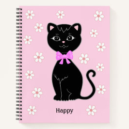 Schattige zwarte kat en bloemen op lichtroze notit notitieboek