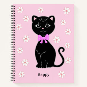 Schattige zwarte kat en bloemen op lichtroze notit notitieboek