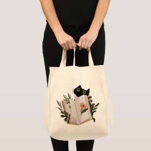 Schattige Zwarte Kat en Bloemenboek Tote Bag