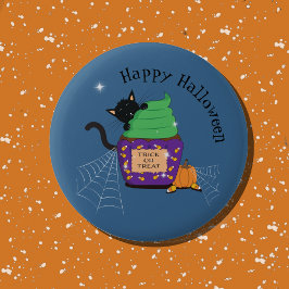 Schattige Zwarte Kat en Cupcake Blauwe Halloween K Ronde Button 5,7 Cm