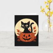 Schattige Zwarte Kat En Jack O Lantern Pompoen Kaart (Gele Bloem)