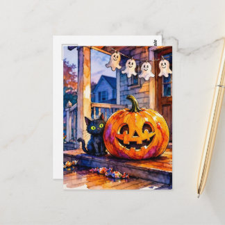 Schattige Zwarte Kat en Jackolantern Halloween Briefkaart