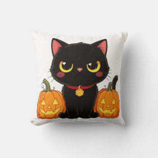 Schattige Zwarte Kat en Pompoenen Halloween Kussen