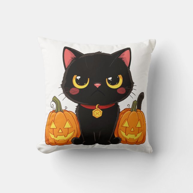 Schattige Zwarte Kat en Pompoenen Halloween Kussen (Voorkant)