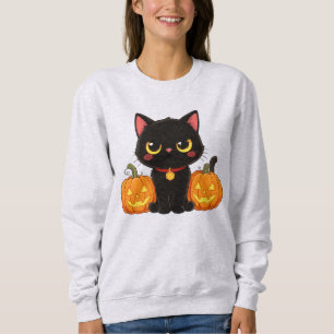 Schattige Zwarte Kat en Pompoenen Halloween Trui